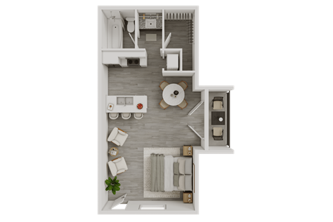 A top-down view of a small apartment with a kitchen, living room, and bathroom.